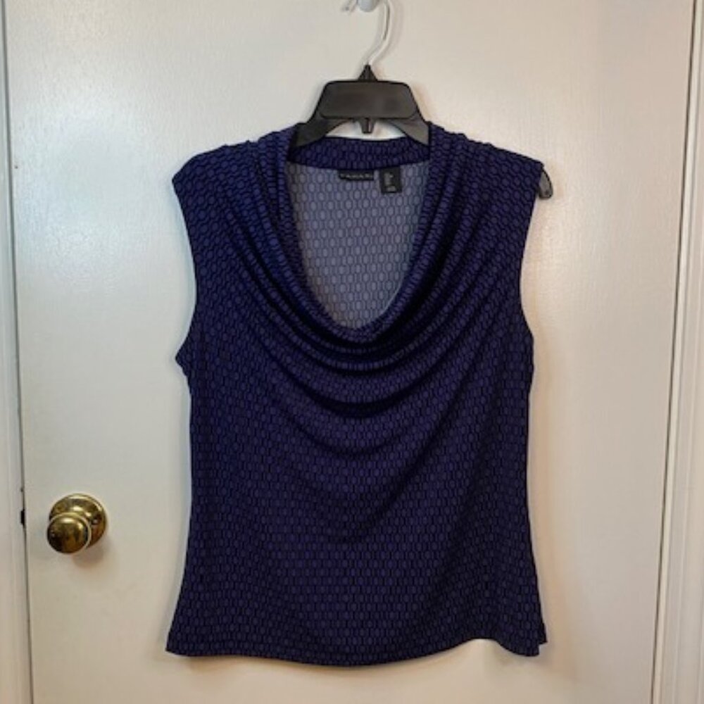 Tamari Blue and Black sleeveless Blouse with scoop neckline